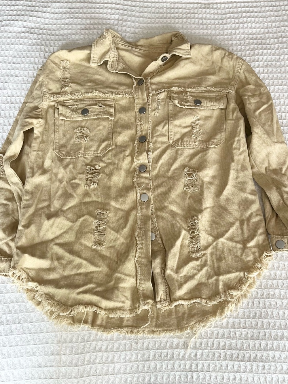 Distressed Frayed Button-Up Shacket in Light Khaki
